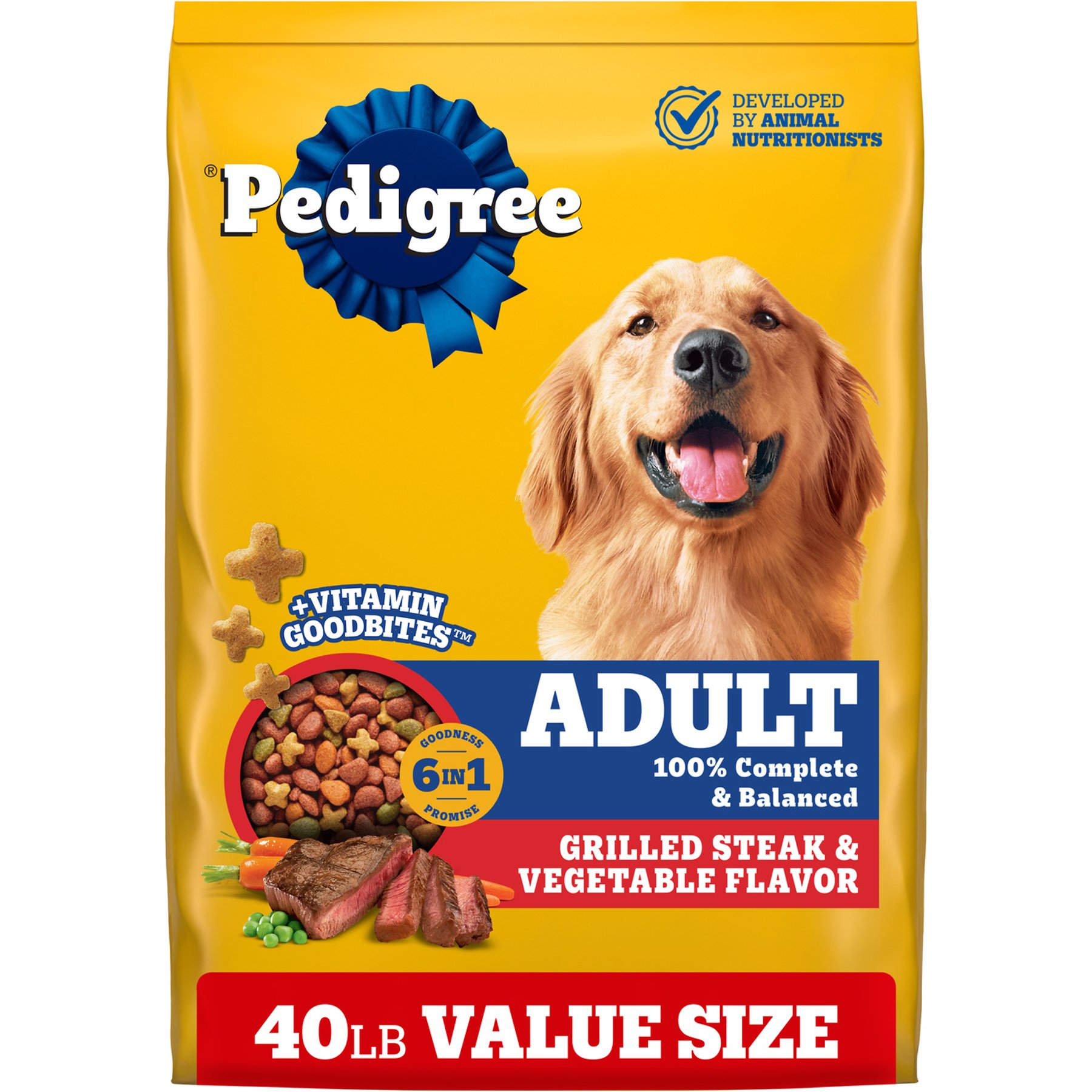 Pedigree Complete Nutrition Grilled Steak & Vegetable Flavor Dog Kibble Adult Dry Dog Food, 40-lb bag