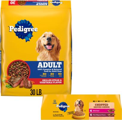 Show full view: Pedigree Complete Nutrition Grilled Steak & Vegetable Flavor Dry Food + Chopped Ground Dinner Filet Mignon Flavor & Beef Canned Wet Dog Food Variety Pack slide 1 of 9