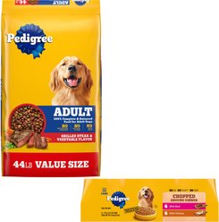 Pedigree Complete Nutrition Grilled Steak & Vegetable Flavor Dry Food + Chopped Ground Dinner Variety Pack with Beef & Chicken Canned Dog Food