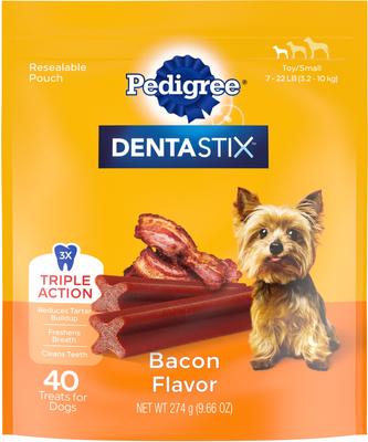 Show full view: Pedigree Dentastix Bacon Flavor Dental Treats for Toy & Small Dogs, 9.6-oz pouch, 40 count slide 1 of 11