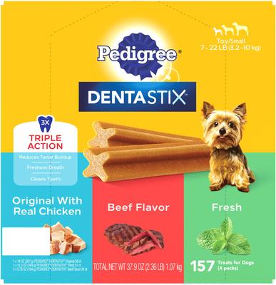Show full view: Pedigree Dentastix Toy Grain-Free Original Chicken, Beef Flavor, & Fresh Mint Variety Pack Small Breed Dental Dog Treats, 157 count slide 3 of 11