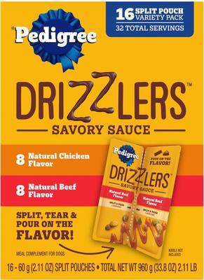 Show full view: Pedigree Drizzlers Savory Sauce Multipack Dog Food Topper, 60-g pouch, pack of 16 slide 1 of 11