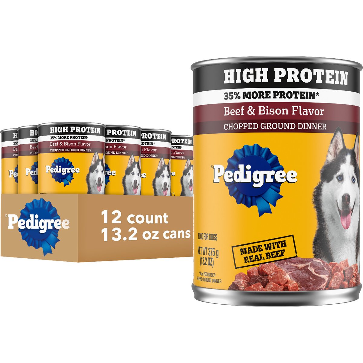 Pedigree High Protein Adult Canned Soft Wet Dog Food, Chopped Beef & Bison Flavor, 13.2-oz can, case of 12
