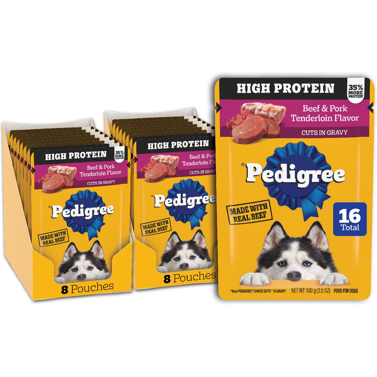 Pedigree High Protein Beef & Pork Tenderloin Flavor Cuts in Gravy Adult Wet Dog Food Pouches, 3.5-oz pouches, 16 count