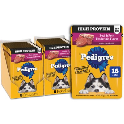 Pedigree Pedigree High Protein Beef & Pork Tenderloin Flavor Cuts in Gravy Adult Wet Dog Food Pouches, 3.5-oz pouches, 16 count