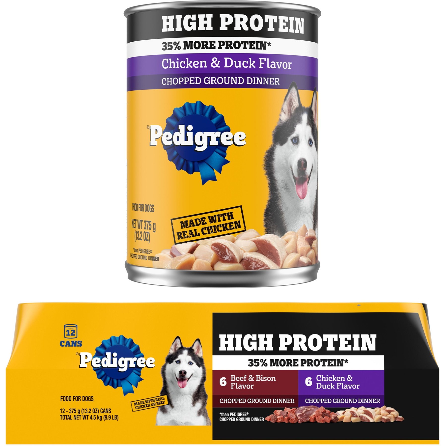 Pedigree High Protein Chicken & Duck Flavor + Chopped Beef & Bison Flavor & Chopped Chicken & Duck Flavor Canned Soft Wet Dog Food Variety Pack