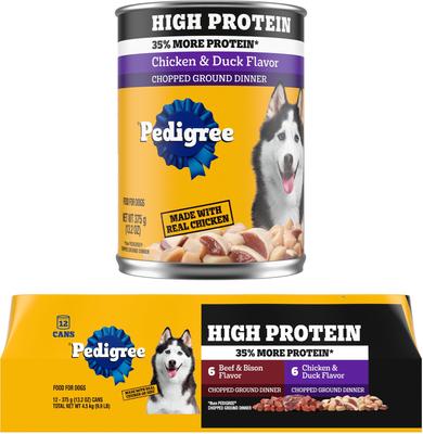 Show full view: Pedigree High Protein Chicken & Duck Flavor + Chopped Beef & Bison Flavor & Chopped Chicken & Duck Flavor Canned Soft Wet Dog Food Variety Pack slide 1 of 9