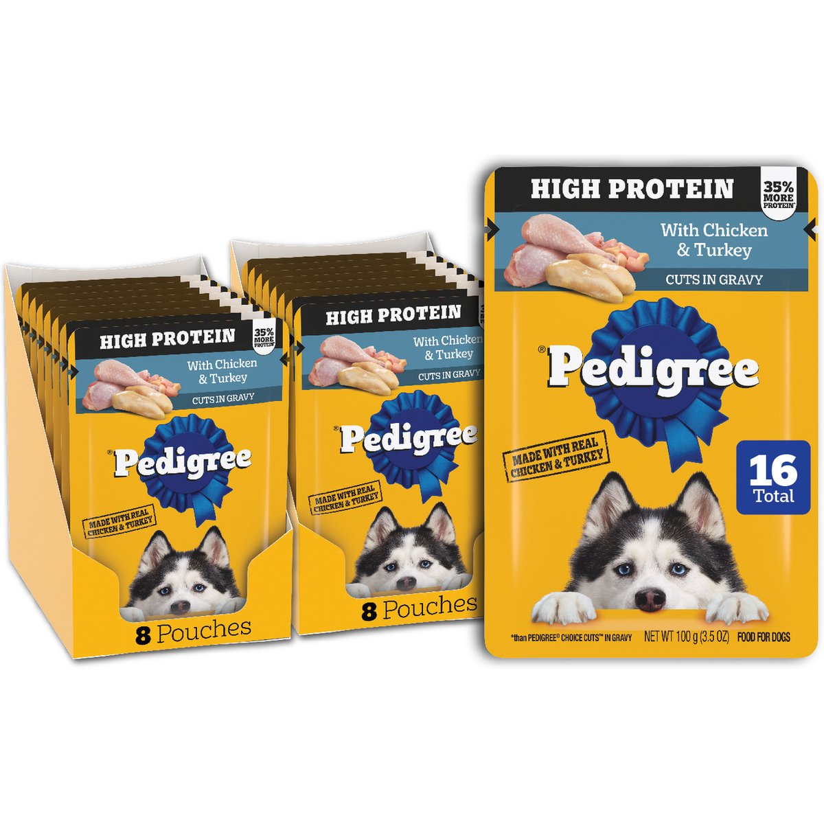 Pedigree High Protein Chicken & Turkey Cuts in Gravy Adult Wet Dog Food, 3.5-oz pouches, 16 count