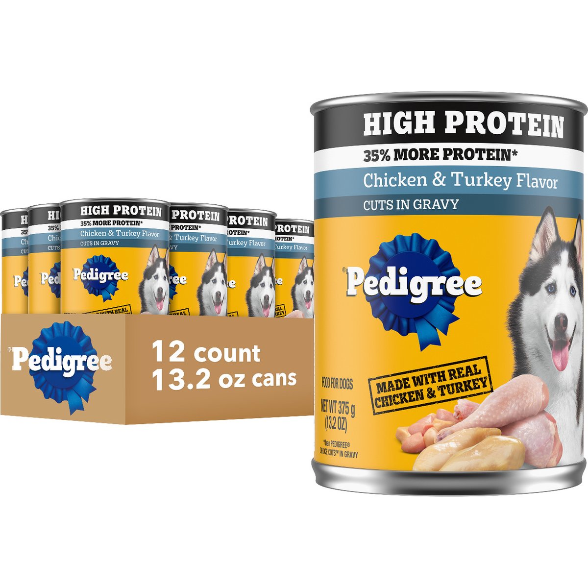 Pedigree High Protein Chicken & Turkey Flavor in Gravy Canned Wet Dog Food, 13.2-oz can, case of 12