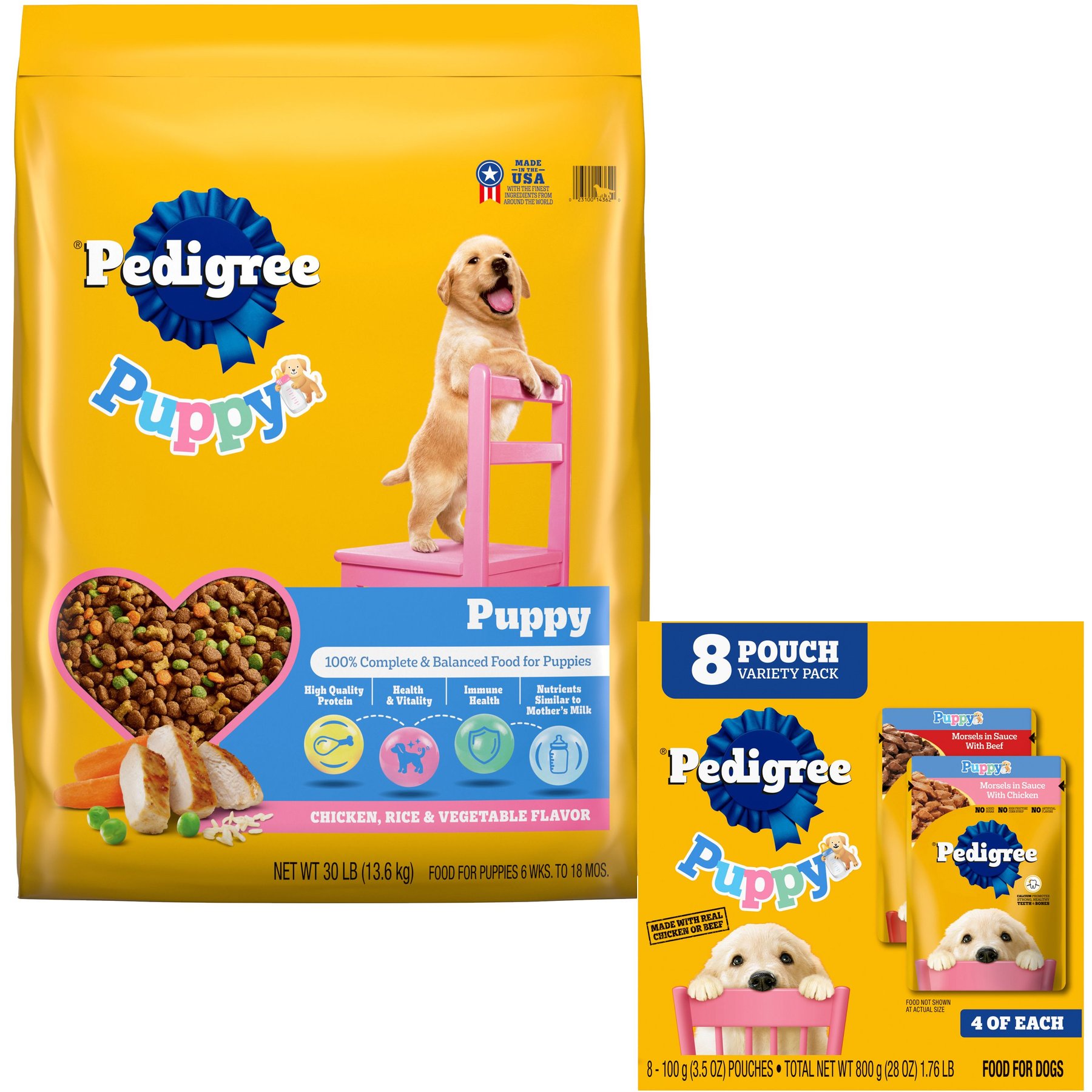 Pedigree Puppy Growth & Protection Chicken & Vegetable Flavor Dry Food + Puppy Variety Pack Morsels in Sauce with Beef & Chicken Wet Dog Food Pouches