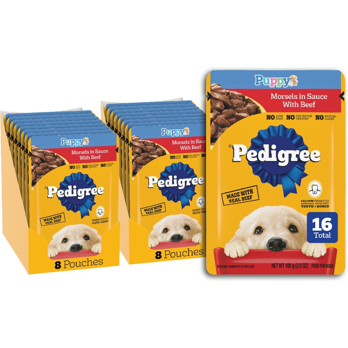 Pedigree Puppy Morsels in Sauce with Beef Wet Dog Food, 3.5-oz pouch, pack of 16