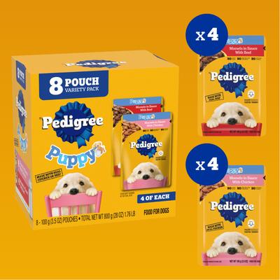 Show full view: Pedigree Puppy Variety Pack Morsels in Sauce with Beef & Chicken Wet Dog Food Pouches, 3.5-oz pouch, pack of 24  slide 5 of 12