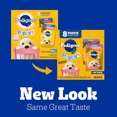 Show full view: Pedigree Puppy Variety Pack Morsels in Sauce with Beef & Chicken Wet Dog Food Pouches, 3.5-oz pouch, pack of 24  slide 3 of 12