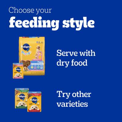 Show full view: Pedigree Puppy Variety Pack Morsels in Sauce with Beef & Chicken Wet Dog Food Pouches, 3.5-oz pouch, pack of 16  slide 10 of 12