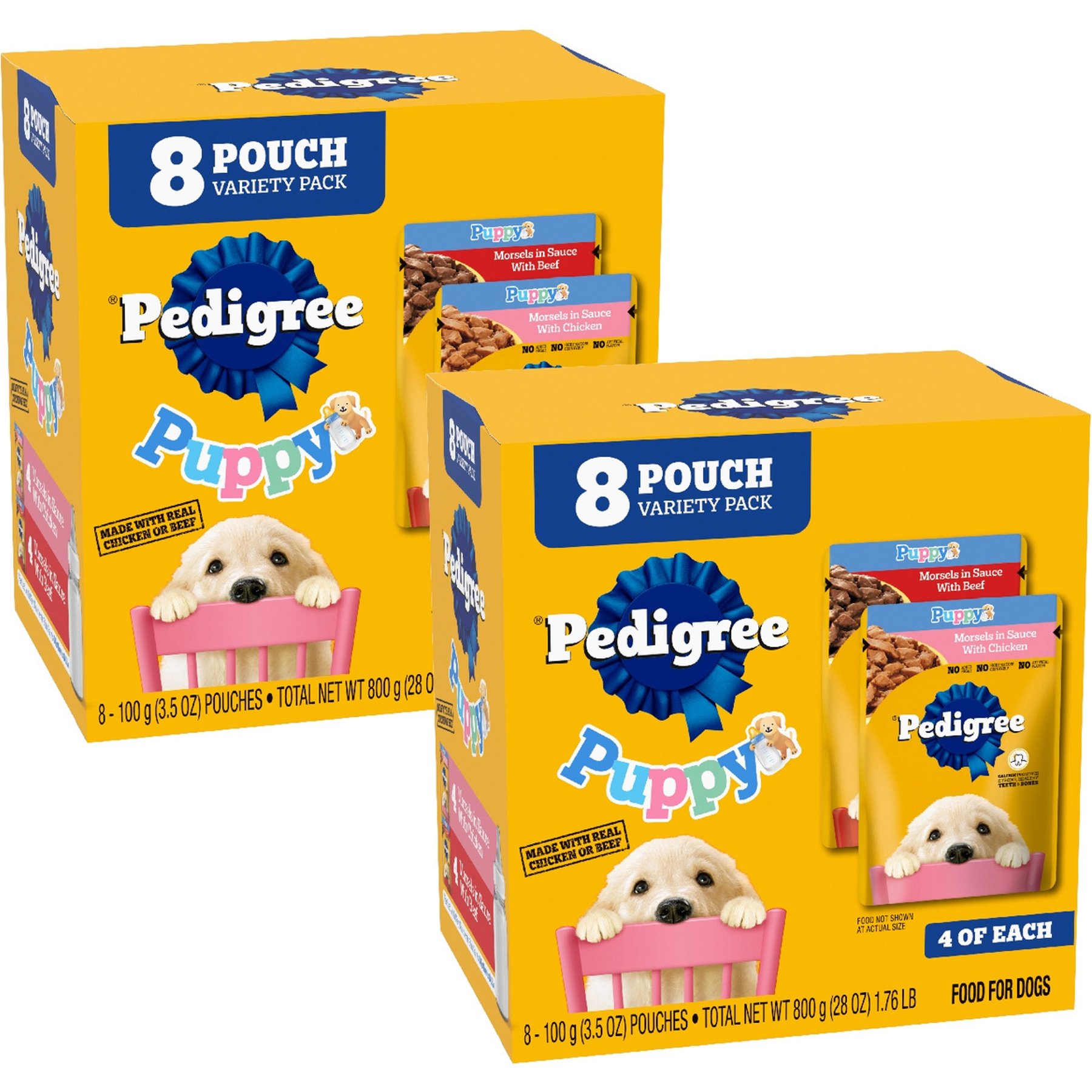 Pedigree Puppy Variety Pack Morsels in Sauce with Beef & Chicken Wet Dog Food Pouches, 3.5-oz, pack of 8