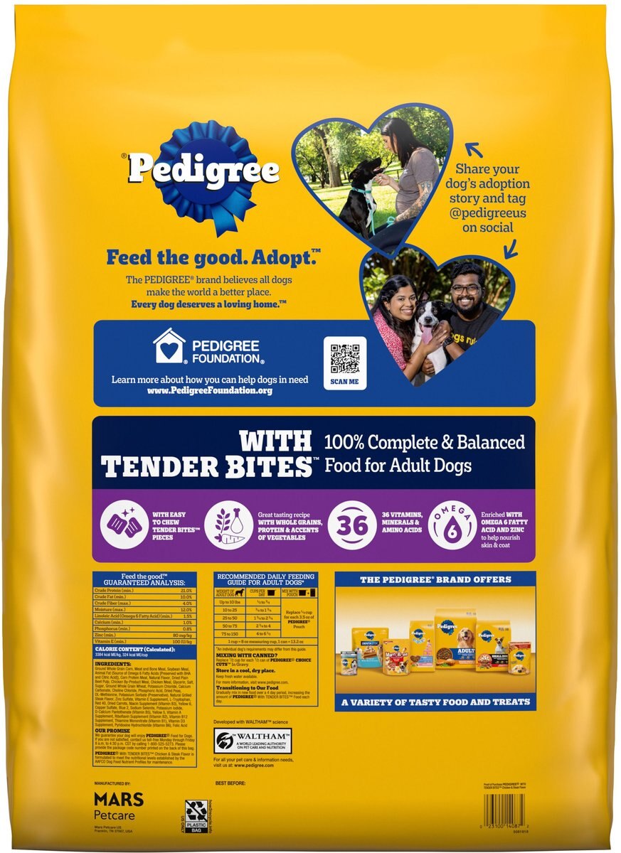 Pedigree Tender Bites Adult Complete Nutrition Chicken & Steak Flavor Dry Dog Food, 14-lb bag
