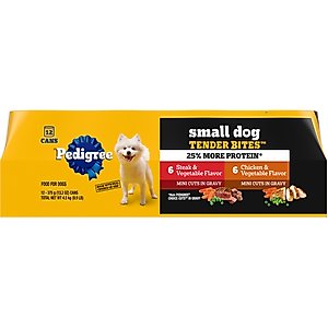 Pedigree Tender Bites in Gravy Chicken & Vegetable Flavor & Steak & Vegetable Flavor Variety Pack Canned Wet Dog Food, 13.2-oz can, case of 12