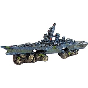 Penn-Plax Sunken Battleship Aquarium Ornament, Medium