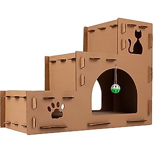 Pet Adobe Cardboard Indoor Cat House with Scratching Pads, Brown, 23.75 x 11.5 x 18-in