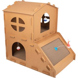Pet Adobe Cardboard Indoor Cat House with Scratching Pads, Brown, 26 x 20 x 26-in