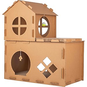 Pet Adobe Cardboard Indoor Cat House with Scratching Pads, Brown, 27 x 16 x 31-in