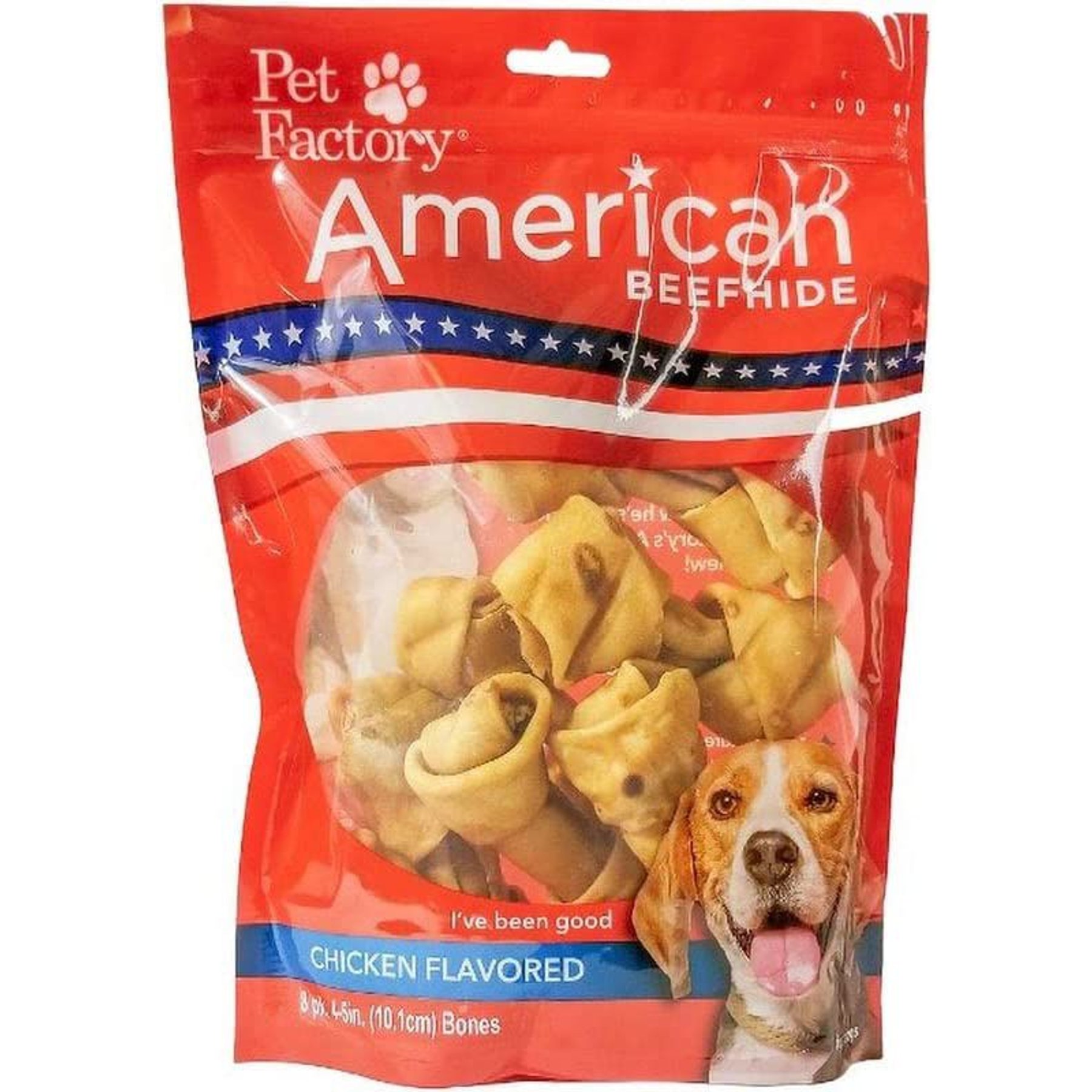 Pet Factory American Beefhide 4 to 5-inch Knotted Bones Chicken Flavored Chewy Dog Treats, 8 count