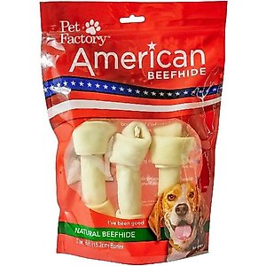 Pet Factory American Beefhide 6 to 7-inch Knotted Bones Natural Flavored Chewy Dog Treats, 3 count