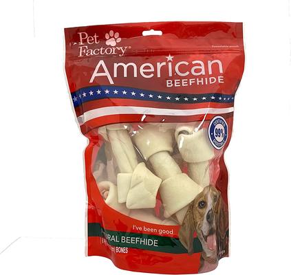 Show full view: Pet Factory American Beefhide 6 to 7-inch Knotted Bones Natural Flavored Chewy Dog Treats, 6 count slide 1 of 4