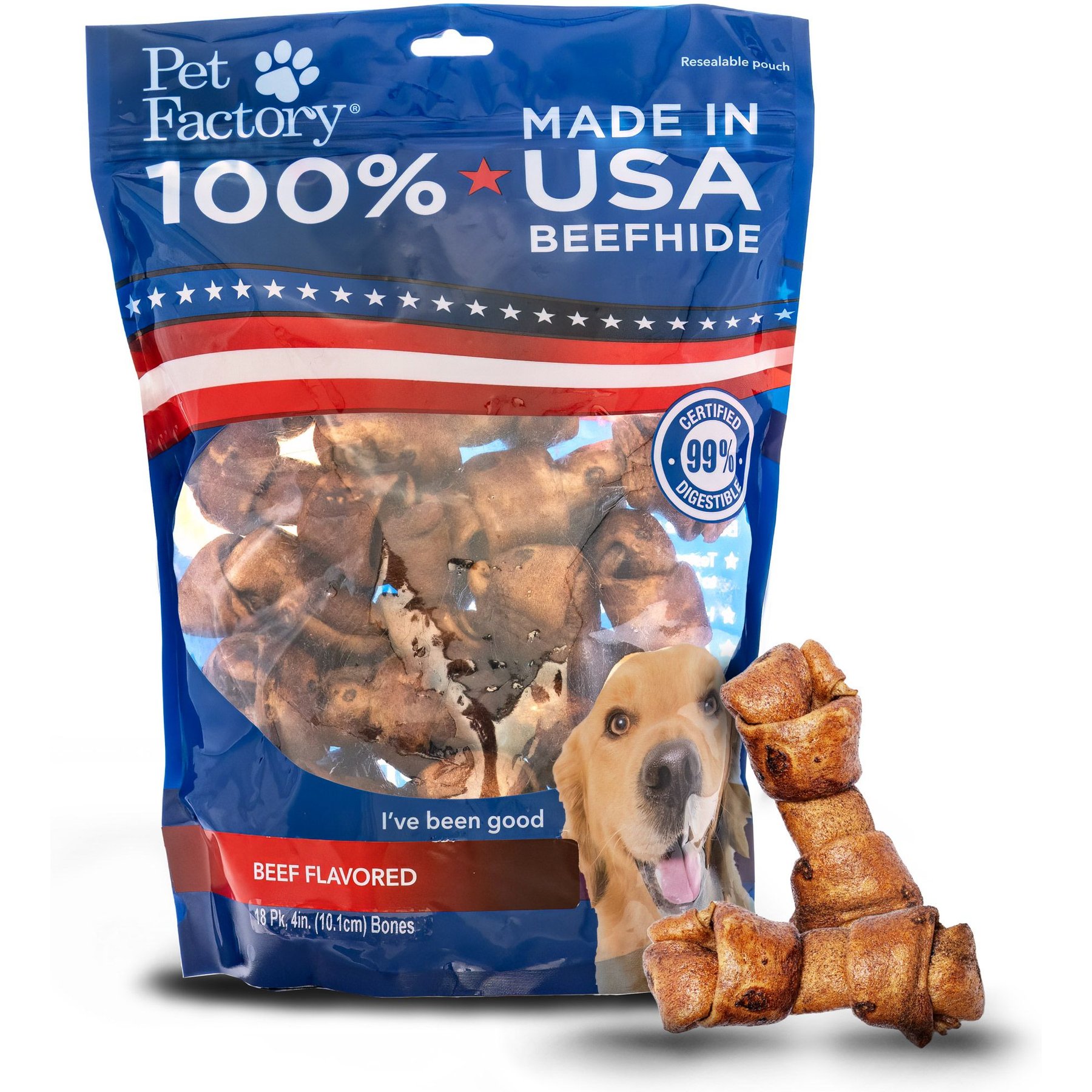 Pet Factory Beefhide 4-inch Beef Flavored Dog Bones, 18 count