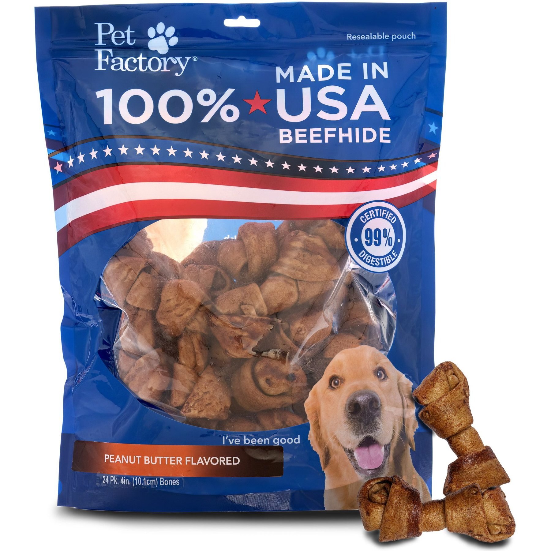 Pet Factory Beefhide 4-inch Peanut Butter Flavored Dog Bones, 24 count