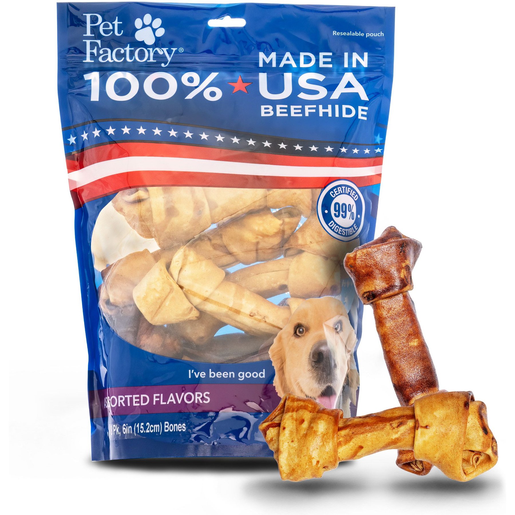 Pet Factory Beefhide 6 to 7-inch Beef & Chicken Flavored Variety Pack Dog Bones, 8 count