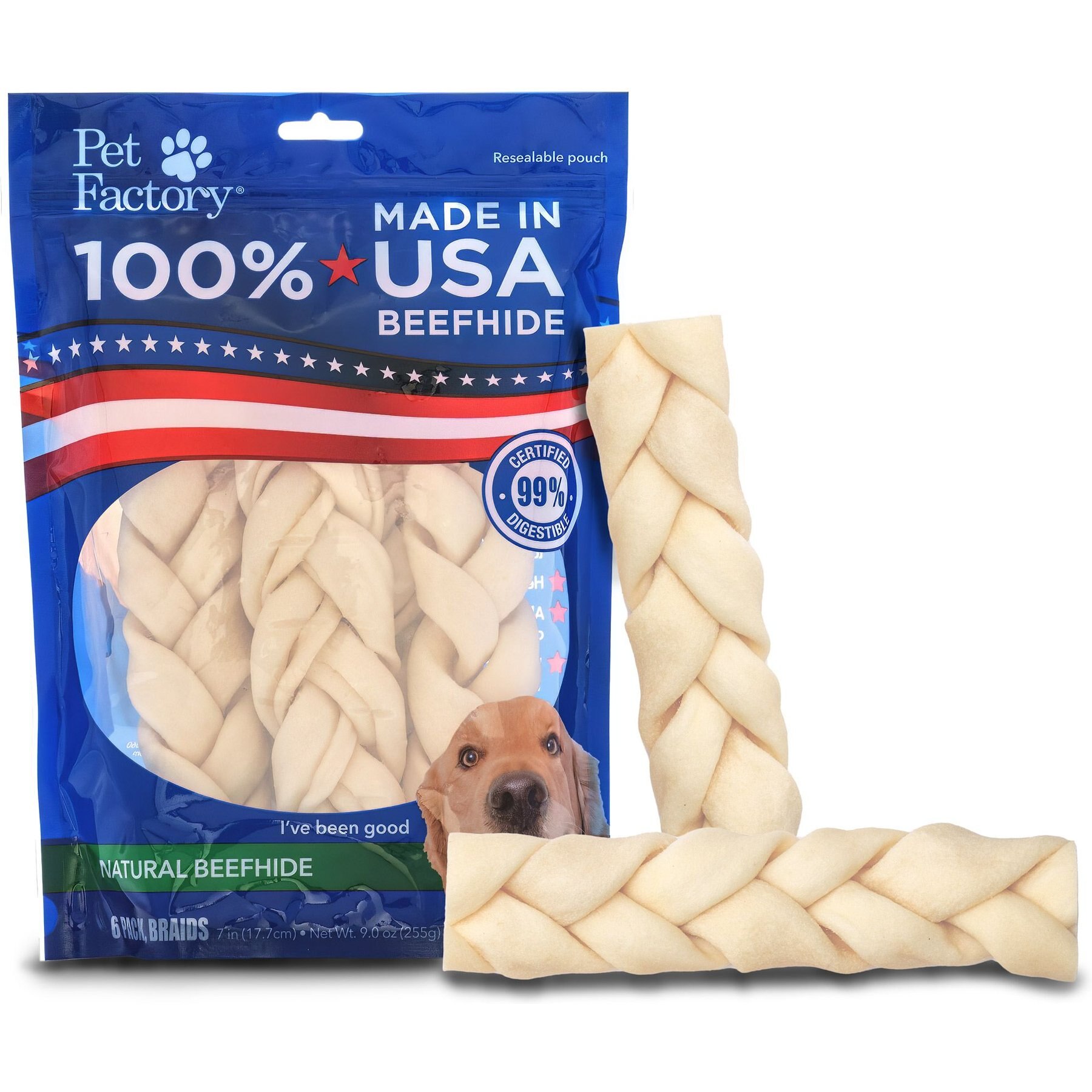 Pet Factory Beefhide 7-inch Braided Sticks Natural Flavored Dog Hard Chews, 6 count