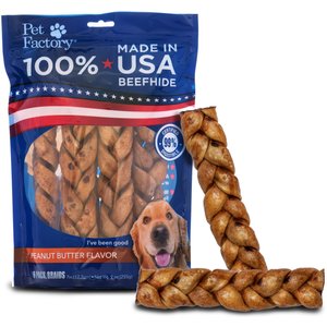 Pet Factory Beefhide 7-inch Braided Sticks Peanut Butter Flavored Dog Hard Chews, 6 count