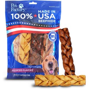 Pet Factory Beefhide 7-inch Braided Sticks Variety Pack Beef & Chicken Flavored Dog Hard Chews, 6 count