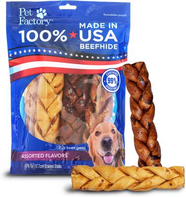 Show full view: Pet Factory Beefhide 7-inch Braided Sticks Variety Pack Beef & Chicken Flavored Dog Hard Chews, 6 count slide 1 of 11