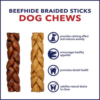 Show full view: Pet Factory Beefhide 7-inch Braided Sticks Variety Pack Beef & Chicken Flavored Dog Hard Chews, 6 count slide 7 of 11