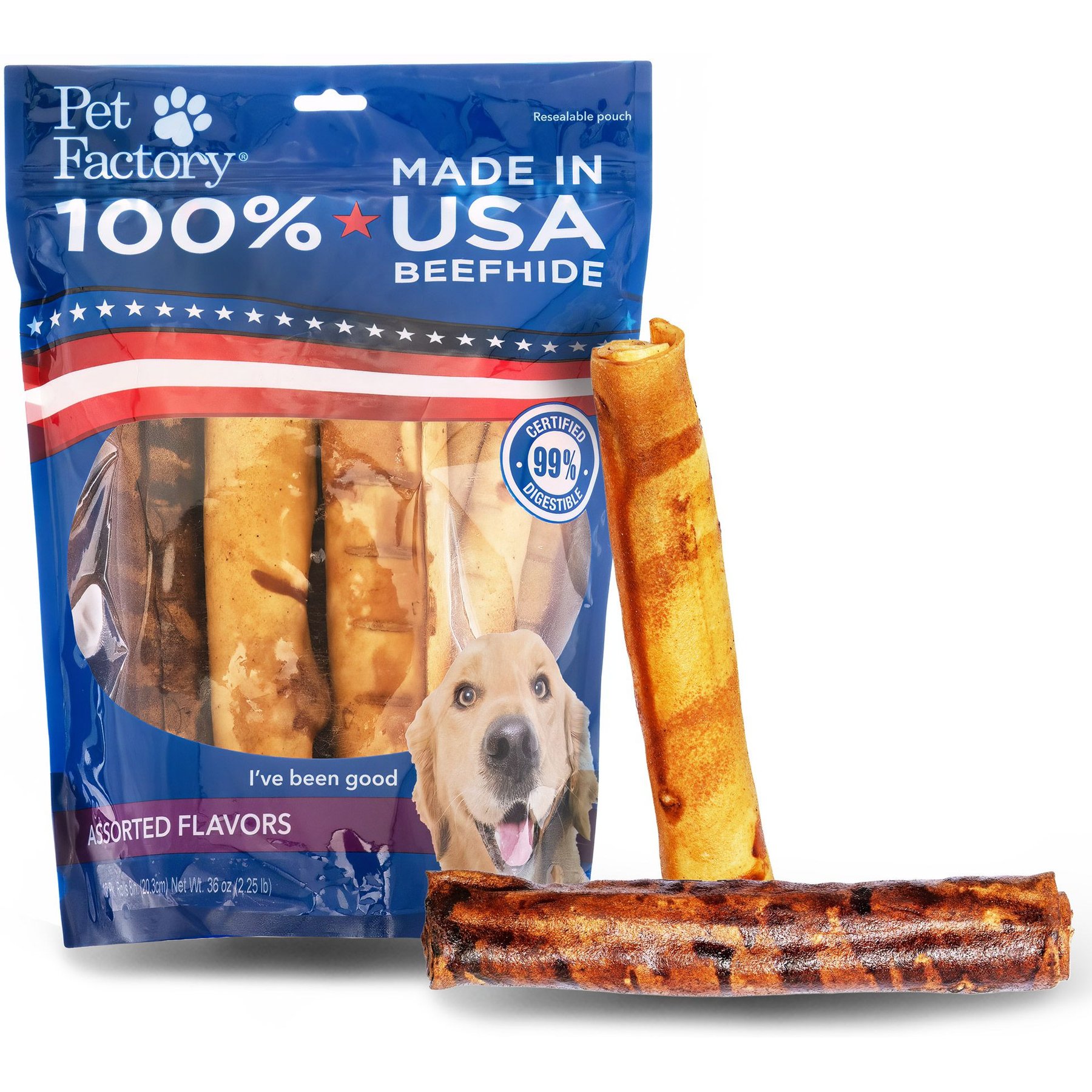 Pet Factory Beefhide 8-inch Rolls Beef & Chicken Flavored Dog Hard Chews, 10 count