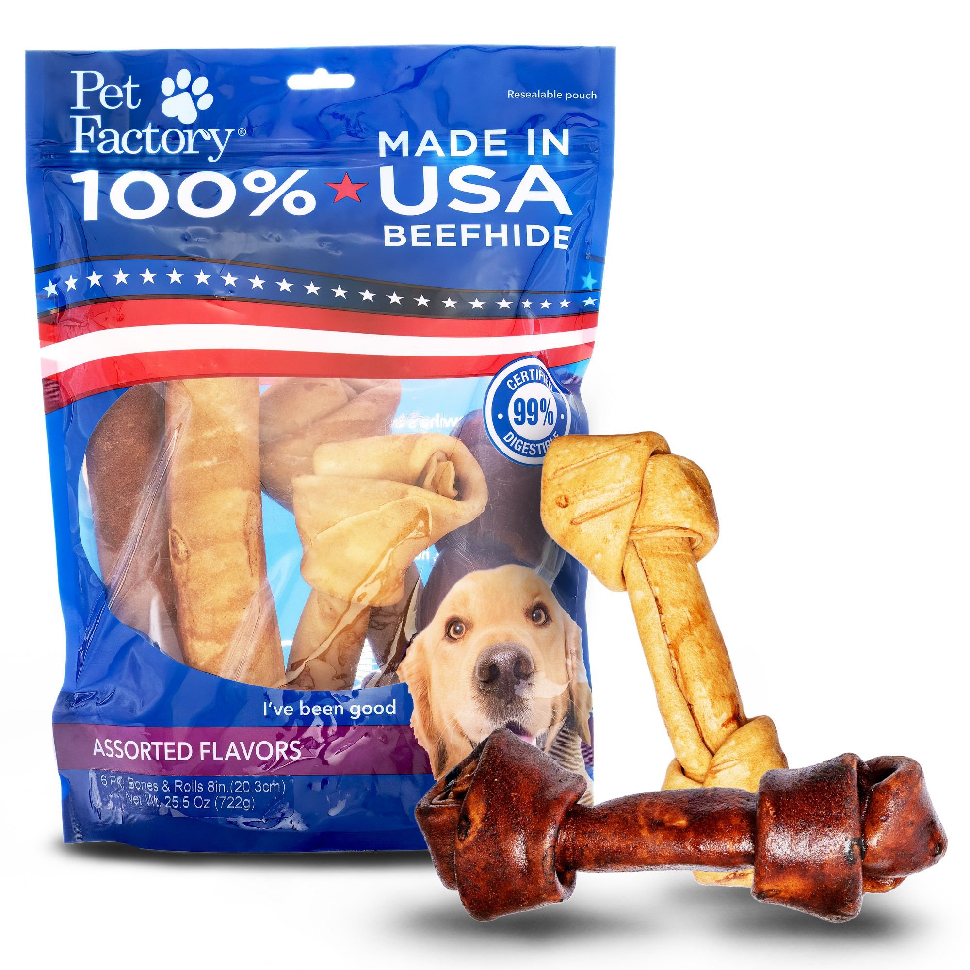 Pet Factory Beefhide 8 To 9-inch Beef & Chicken Flavored Dog Hard Chew Variety Pack, 6 Count