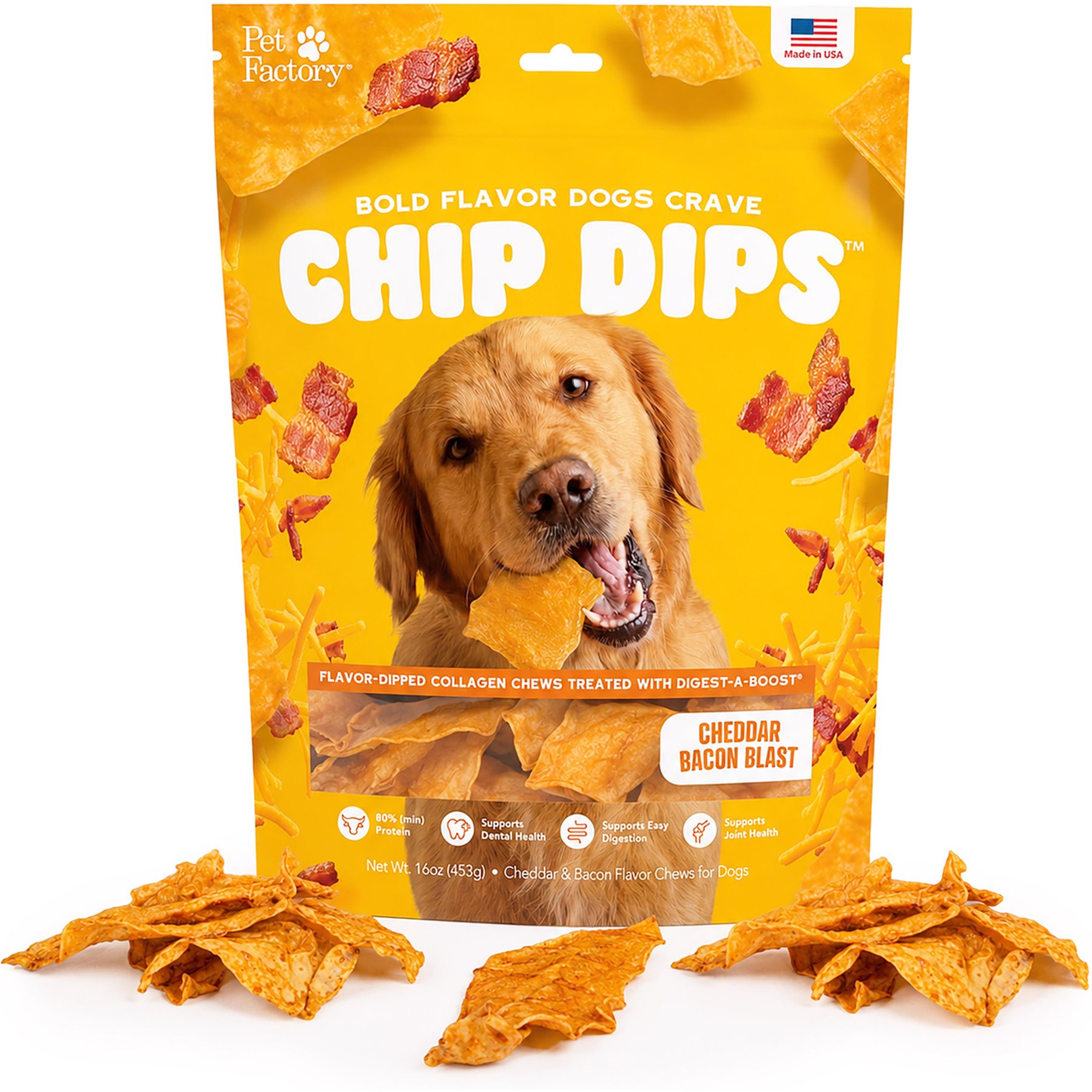 Pet Factory Chip Dips Collagen Chips Cheddar Bacon Blast Natural Dog Chew, 16-oz bag