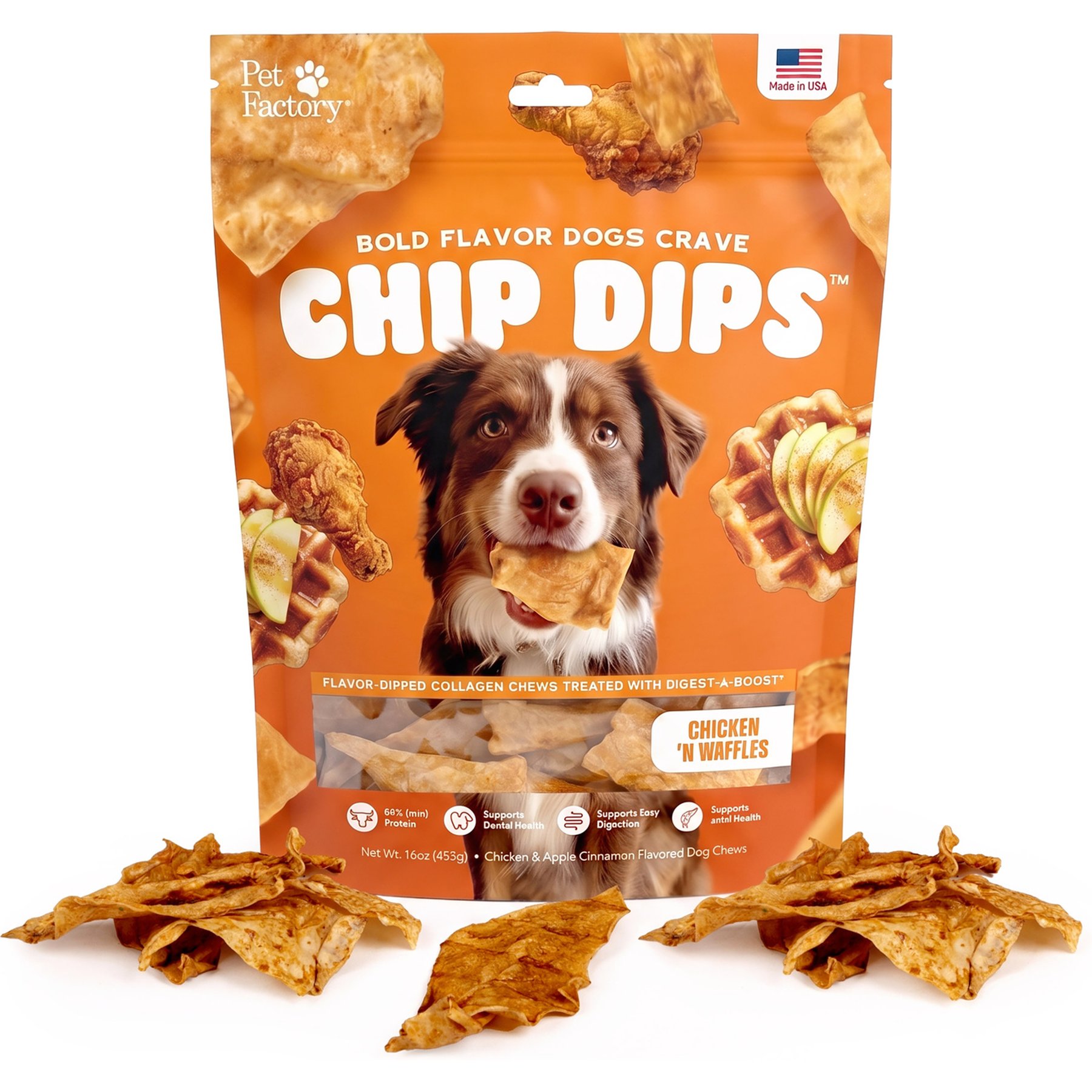 Pet Factory Chip Dips Collagen Chips Chicken N Waffles Natural Dog Chew, 16-oz bag