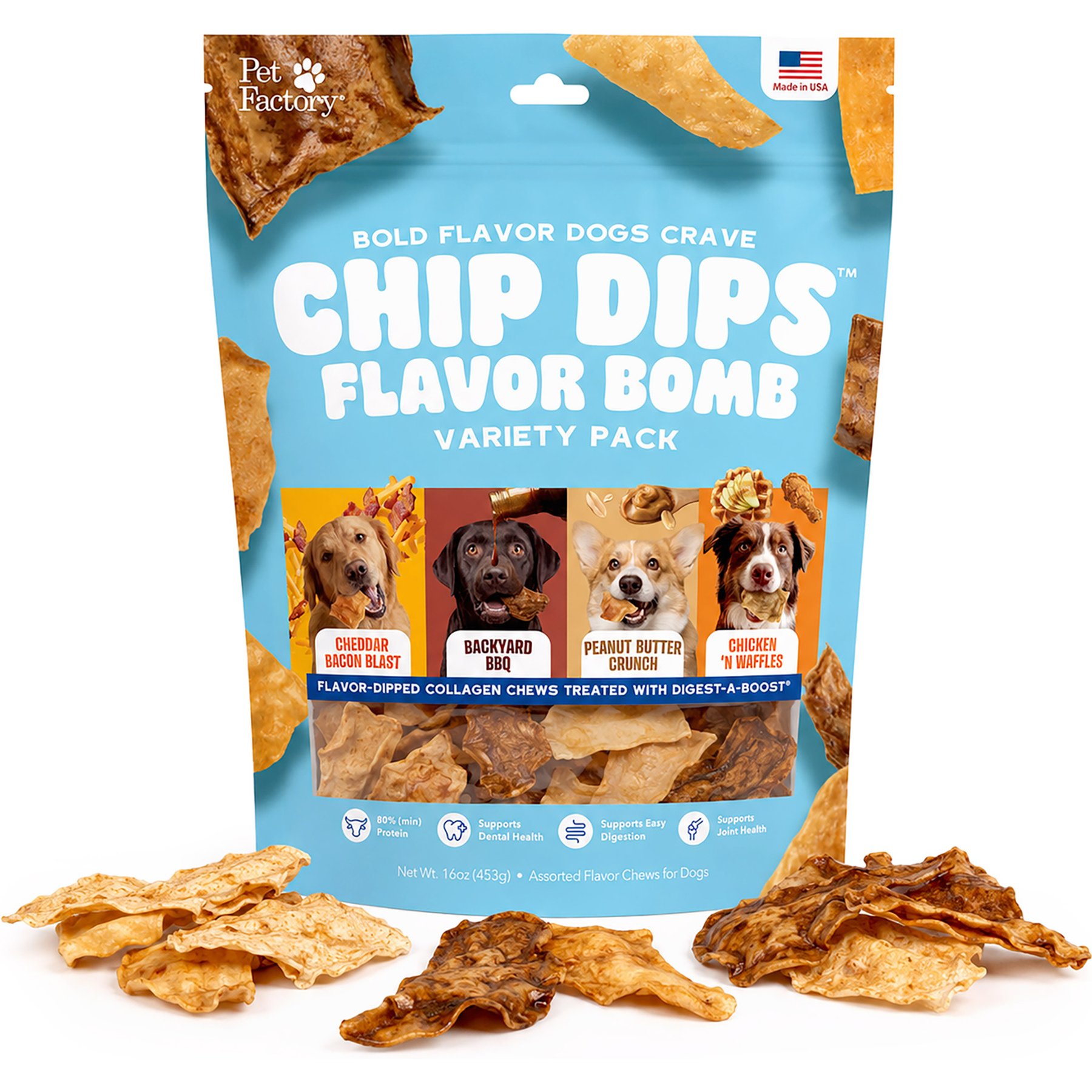 Pet Factory Chip Dips Collagen Chips Flavor Bomb Natural Dog Chew, 16-oz bag