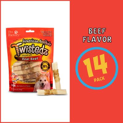 Show full view: Pet Factory Twistedz 3 to 3.5-inch Beefhide Mini Rolls Beef Flavored Dog Hard Chews, 14 count slide 7 of 10