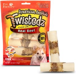 Pet Factory Twistedz 4-inch Beefhide Rolls Beef Flavored Wrap Dog Hard Chews, 4 count
