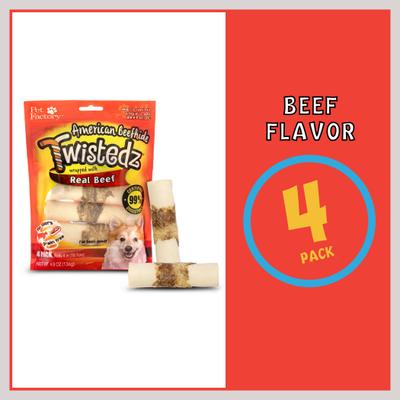 Show full view: Pet Factory Twistedz 4-inch Beefhide Rolls Beef Flavored Wrap Dog Hard Chews, 4 count slide 6 of 10