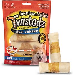 Pet Factory Twistedz 4-inch Beefhide Rolls Chicken Flavored Wrap Dog Hard Chews, 4 count