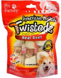 Pet Factory Twistedz 4 to 5-inch Beefhide Bones with Beef Flavored Wrap Dog Hard Chews, 3 count