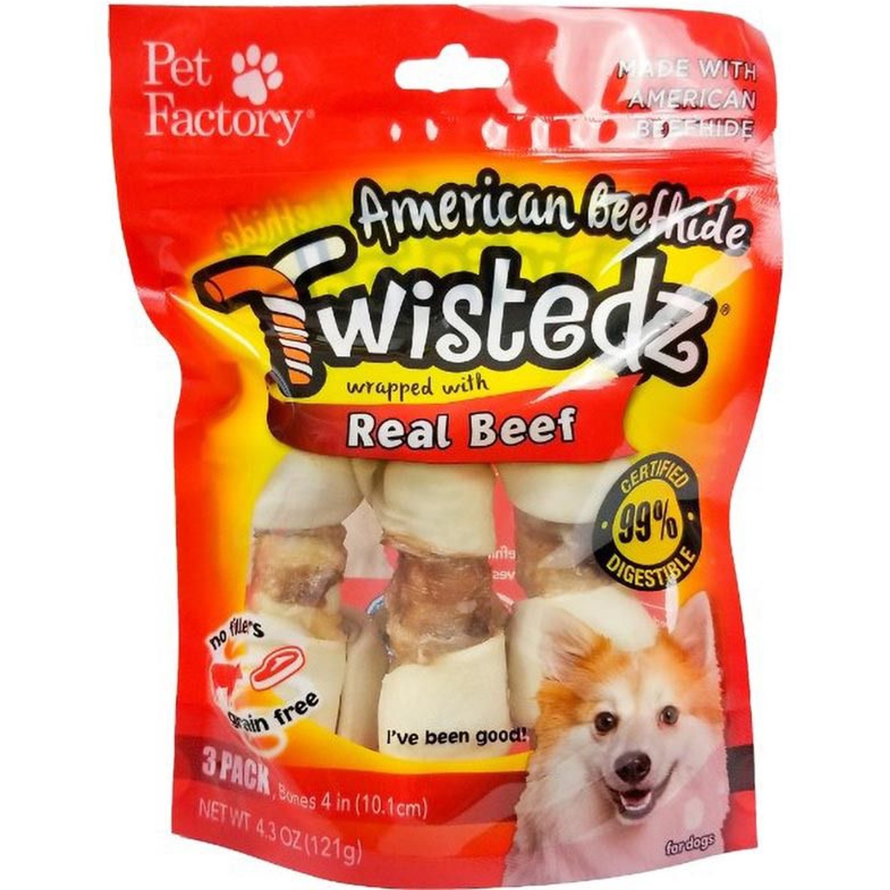 Pet Factory Twistedz 4 to 5-inch Beefhide Bones with Beef Flavored Wrap Dog Hard Chews, 3 count