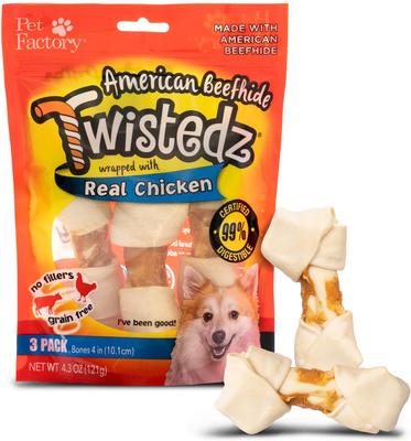 Show full view: Pet Factory Twistedz 4 to 5-inch Beefhide Bones with Chicken Flavored Wrap Dog Hard Chews, 3 count slide 1 of 10