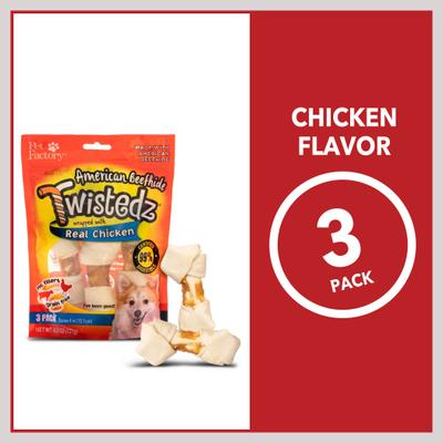Show full view: Pet Factory Twistedz 4 to 5-inch Beefhide Bones with Chicken Flavored Wrap Dog Hard Chews, 3 count slide 7 of 10
