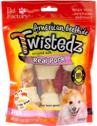 Pet Factory Twistedz 4 to 5-inch Beefhide Bones with Pork Flavored Wrap Dog Hard Chews, 3 count